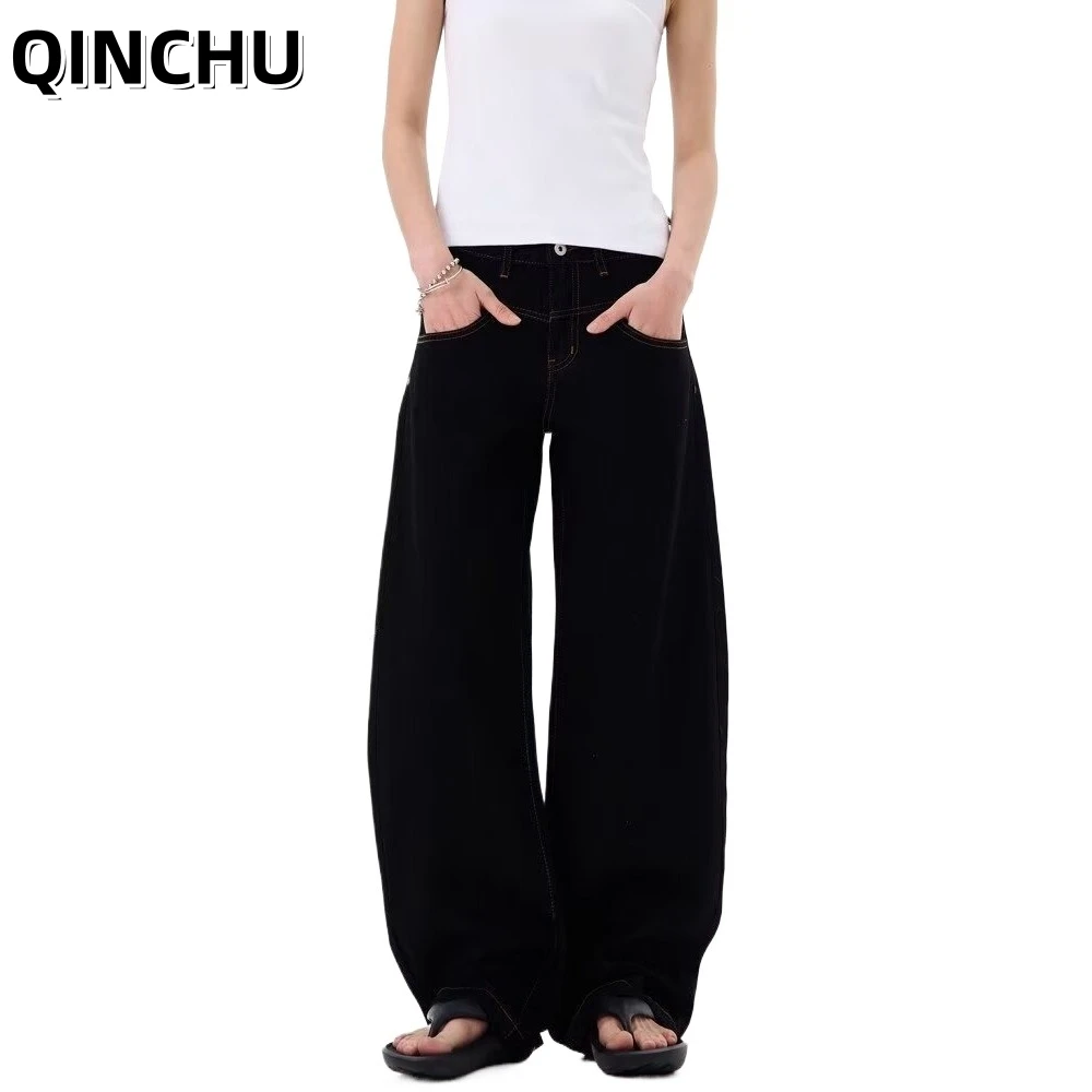 QINCHU American Retro Women Jeans 2026 Summer New Skinny Black Cotton Wide Leg Pants
