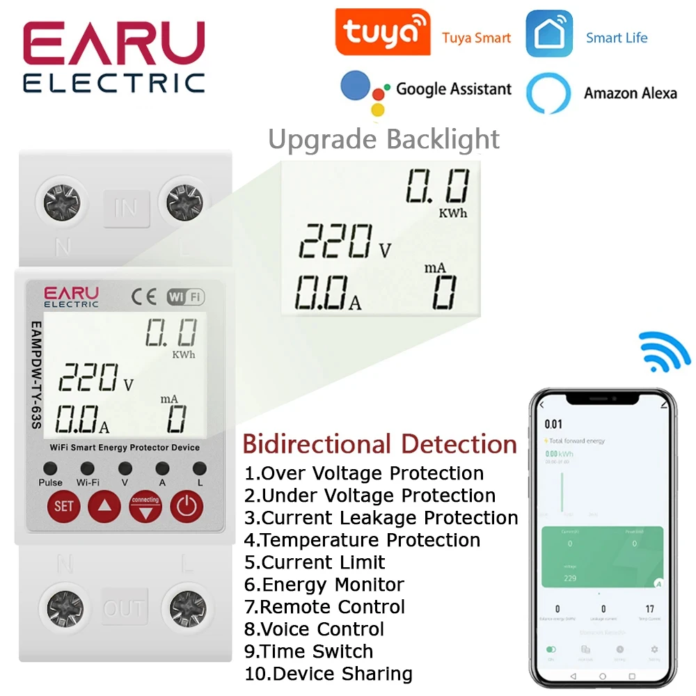 63A Tuya Smart WiFi Circuit Breaker Switch BI-Direction Measuring Earth Leakage Over Under Voltage Protector Energy Power Meter