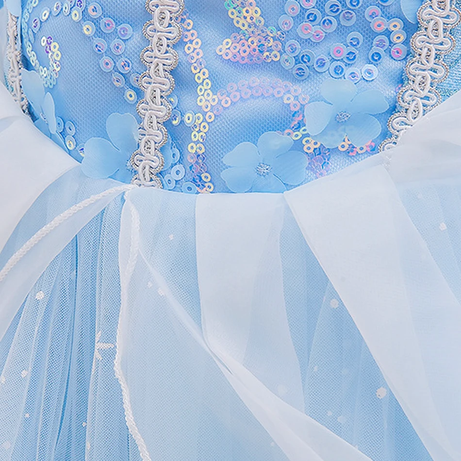 Cinderella Dress for Girls Long Sleeve Princess Costumes Cosplay Blue Sequin Children Bithday Surprise Kids Ball Gown