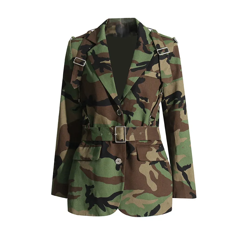 2024 Autumn Women Blazer Tops Camouflage Single Breasted Suit Slim Long Sleeved Coats Belt  Fashion Jackets Printing Outerwear