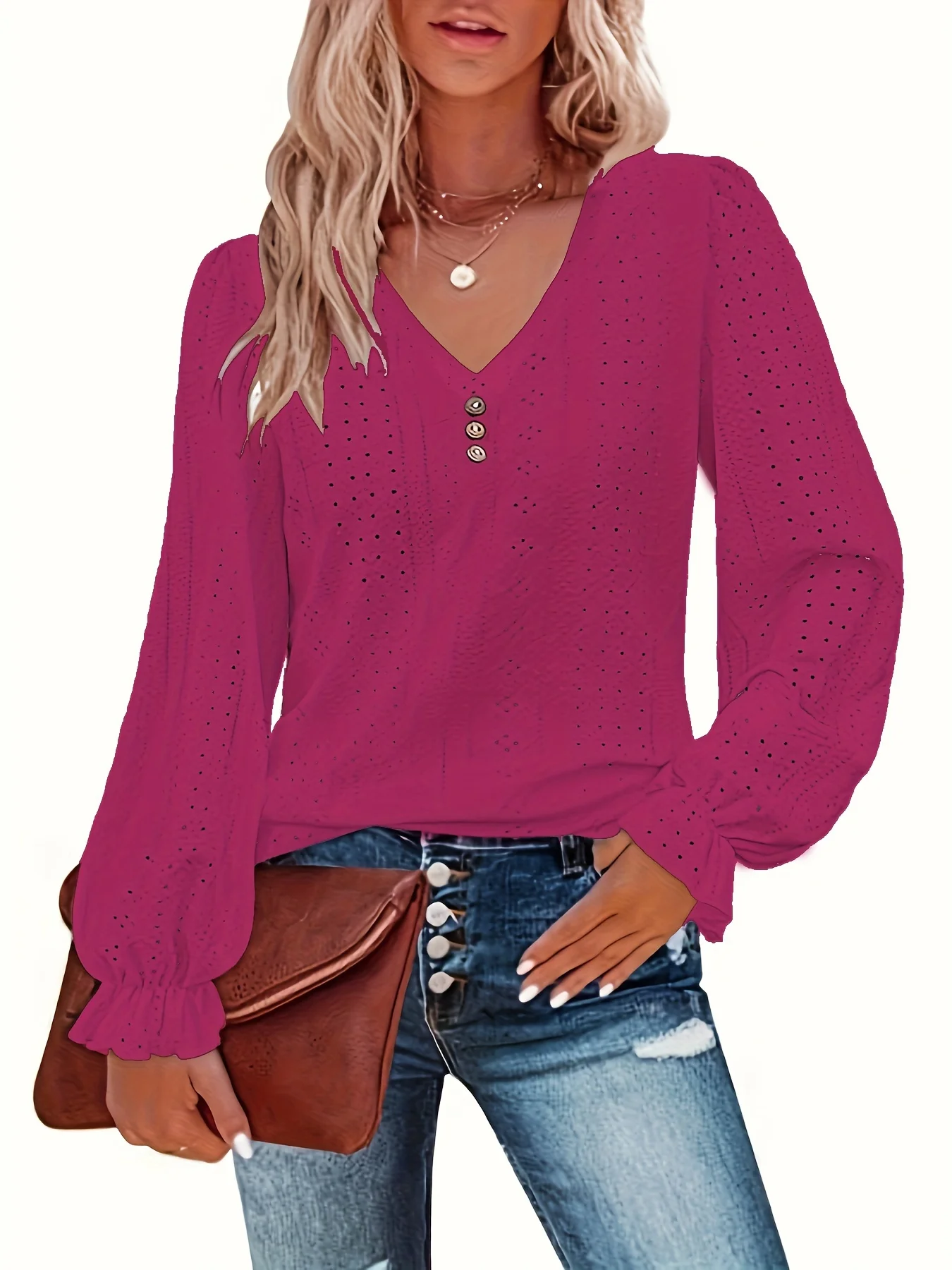 Plus Size T-Shirt mit Ösenknopf-Dekor, lässiges V-Ausschnitt-Langarm-Top für Frühling und Herbst, Damen-Kleidung in Übergröße – Detail 23