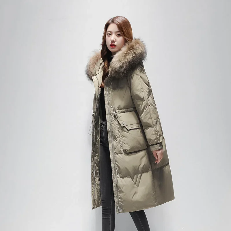 White goose down 2023 winter new down jacket for women\'s high-end and atmospheric mid length drawstring slimming down jacket