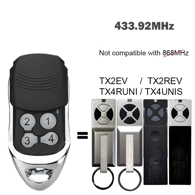 

Compatible With TX4RUNI TX4UNIS TX2EV TX2REV Garage Remote Control 433MHz Rolling Code Gate Opener Controller 4 Buttons