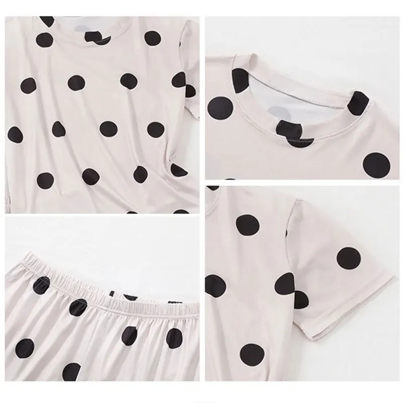 Home wear set - short-sleeved T-shirt with polka dot print - European-style pajamas with round neck - two-piece set