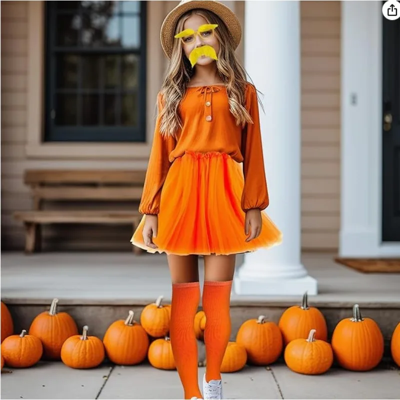 5pcs Costume Accessories Orange Tutu Skirt Yellow Mustache Eyebrows glasses and Gloves Cosplay Halloween Carnival Party Women
