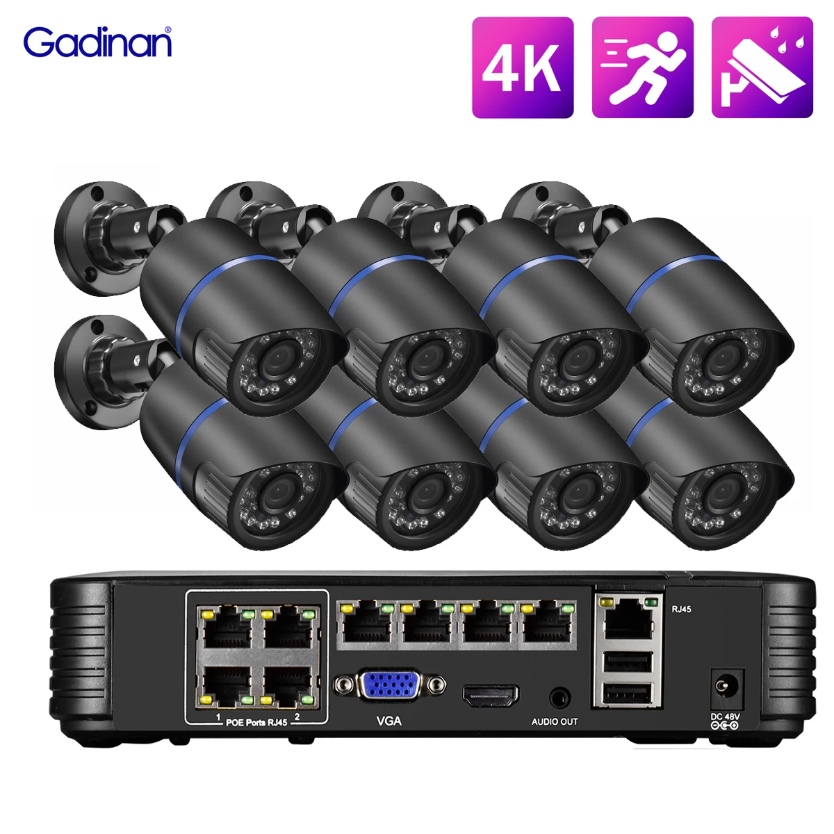 

Gadinan 8MP Home Video Surveillance Set 48V POE CCTV Motion Detection AI Security Camera System Kit NVR Audio Outdoor Night Visi