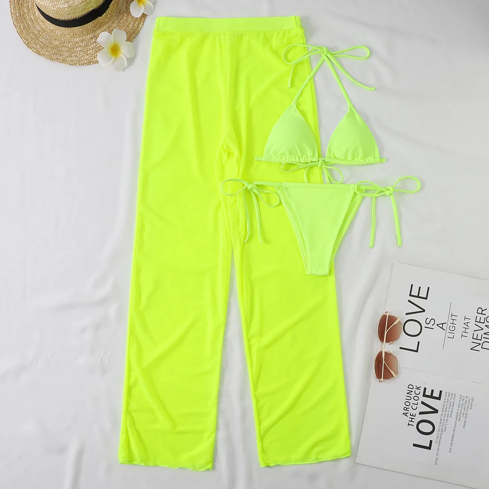 2024 Neon 3pack Bikini Swimsuit With Cover Up Pants Swimwear Women Thong Bathing Suit Micro Bikini Set Swimming Suits Biquini