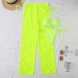 2024 Neon 3pack Bikini Swimsuit With Cover Up Pants Swimwear Women Thong Bathing Suit Micro Bikini Set Swimming Suits Biquini