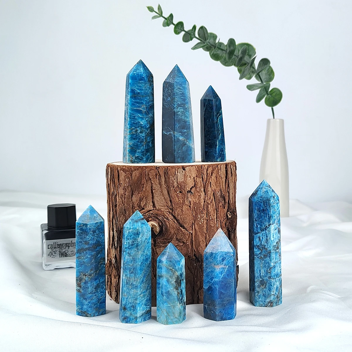 Natural Crystal Blue Apatite Single Point Wand Reiki Healing Polished Gemstone Hexagonal Obelisk Column Home Desk Decoration