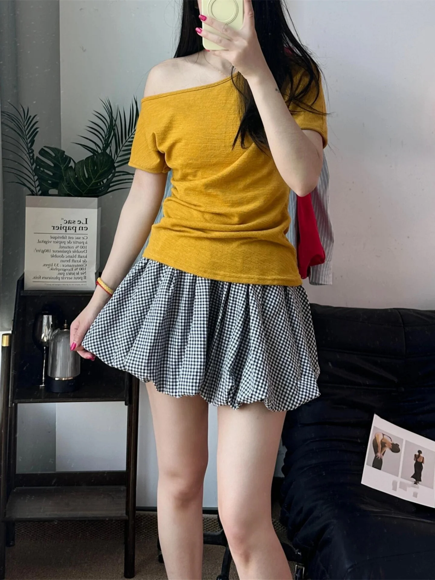 High Waist A-Line Skirt Women's Spring Autumn Plaid Bloom Short Skirt Breathable Comfortable Korean Style Cloudlike Puffy Skirt