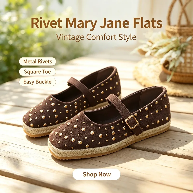 New Women's Rivet Decorate Flats Retro Suede Buckle Strap Mary Janes Shoes Espadrilles Platform Ladies Daily Walking Footwear