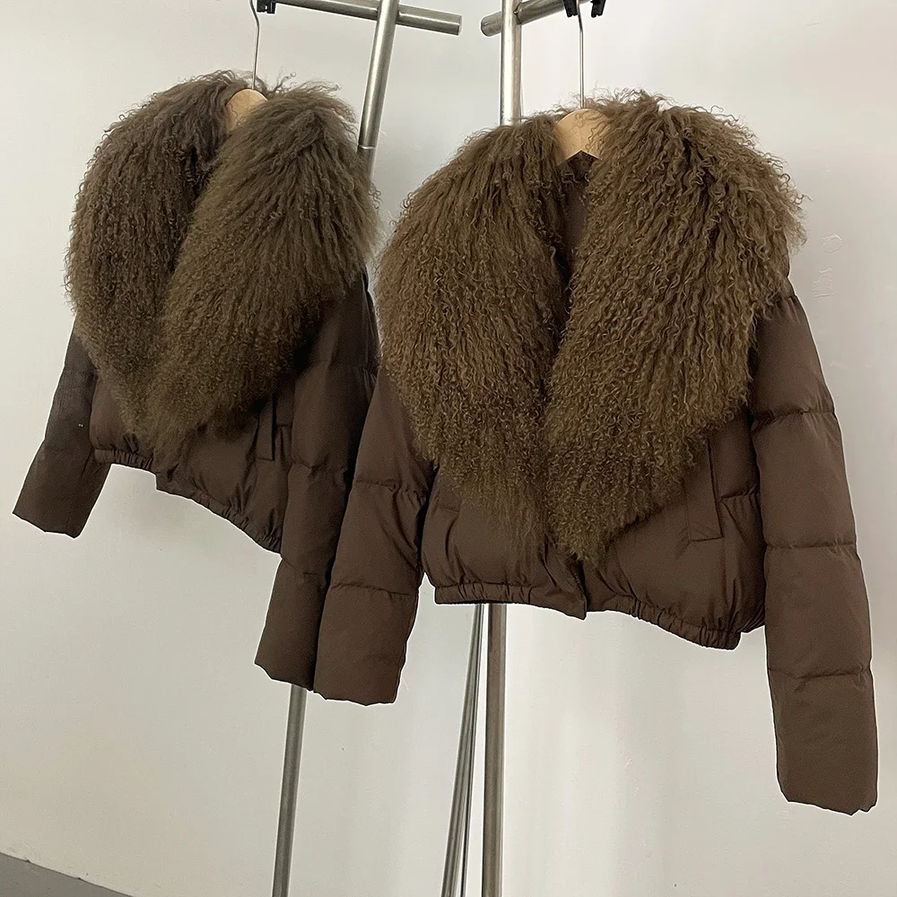 

Short Large Mongolian Fur Collar Reality Fur Coat Women White Duck Down Jacket Winter Waterproof PU Puffer Jacket Parkas Female