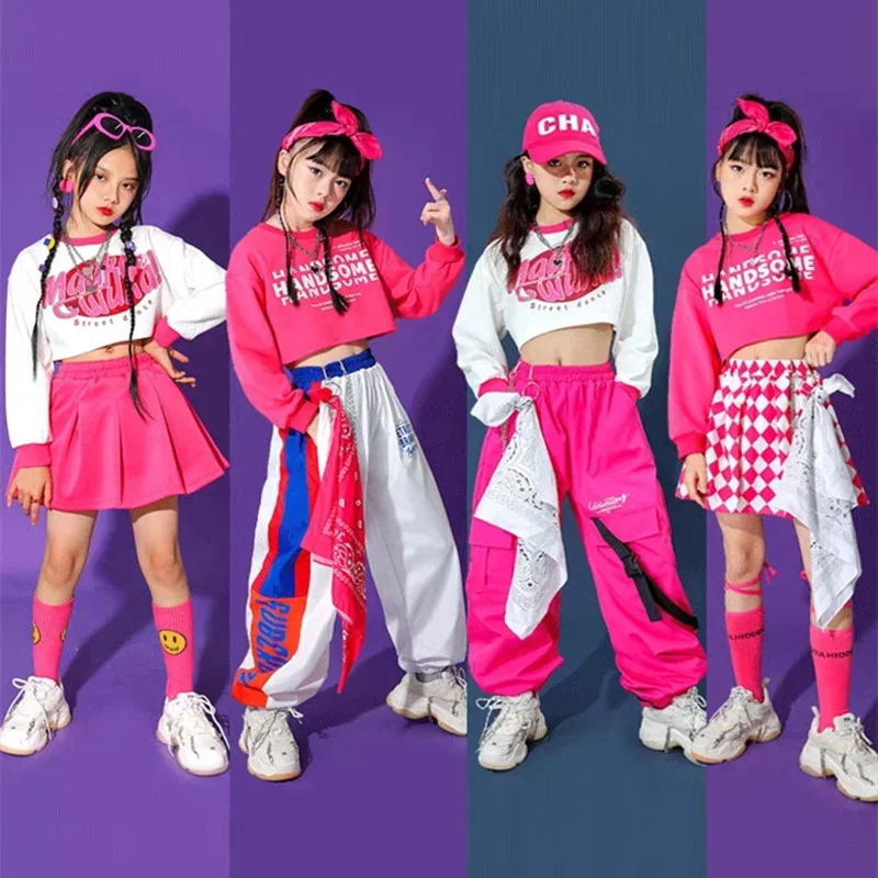 

Girls Hip Hop Crop Top Cargo Pants Child Sweatshirt Plaid Skirt Kid Streetwear Jazz Cheerleader Street Dance Costume Clothes Set