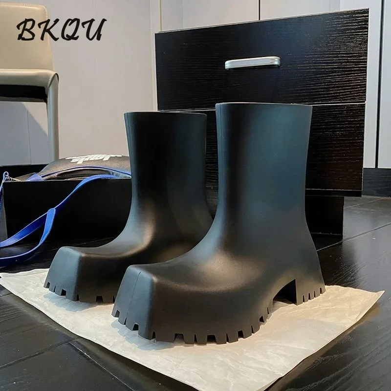 

BKQU Rain Shoes Ins Square Head Boots Outside The Tube Waterproof 2024 New All-match Thick Sole Increase Short Cylinder Non-slip