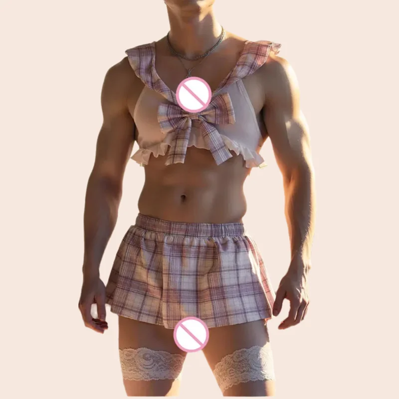 

Мужской сексуальный костюм JK: розовая клетчатая мини-юбка с бантом, униформа для ролевых игр, кружевные чулки и аксессуары.