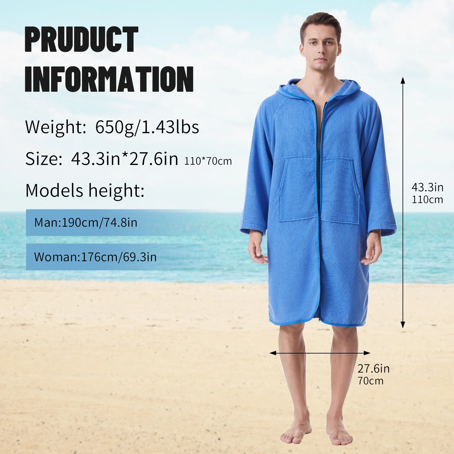 Microfiber quick-drying hooded cloak with terry cloth, zippered, windproof, sunproof and warm