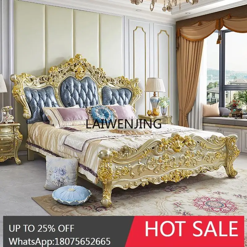 

MJY villa full solid wood master bedroom oak carved double luxury leather bed