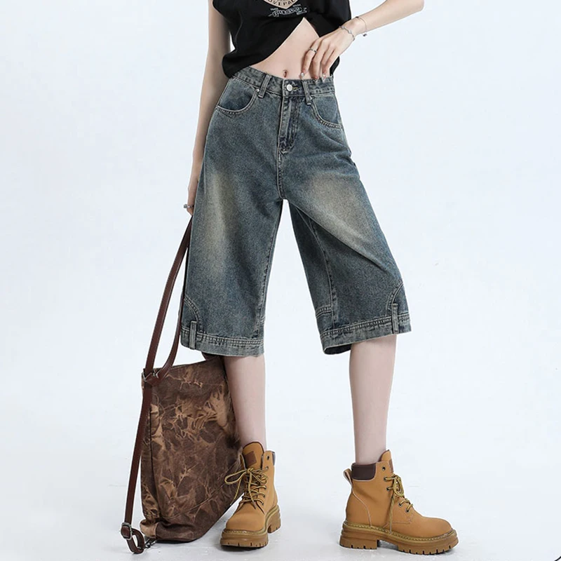 Korean Fashion Denim Shorts Women Summer Low Waisted Blue Wash Cropped Baggy Jeans Wide Leg Frayed Pants