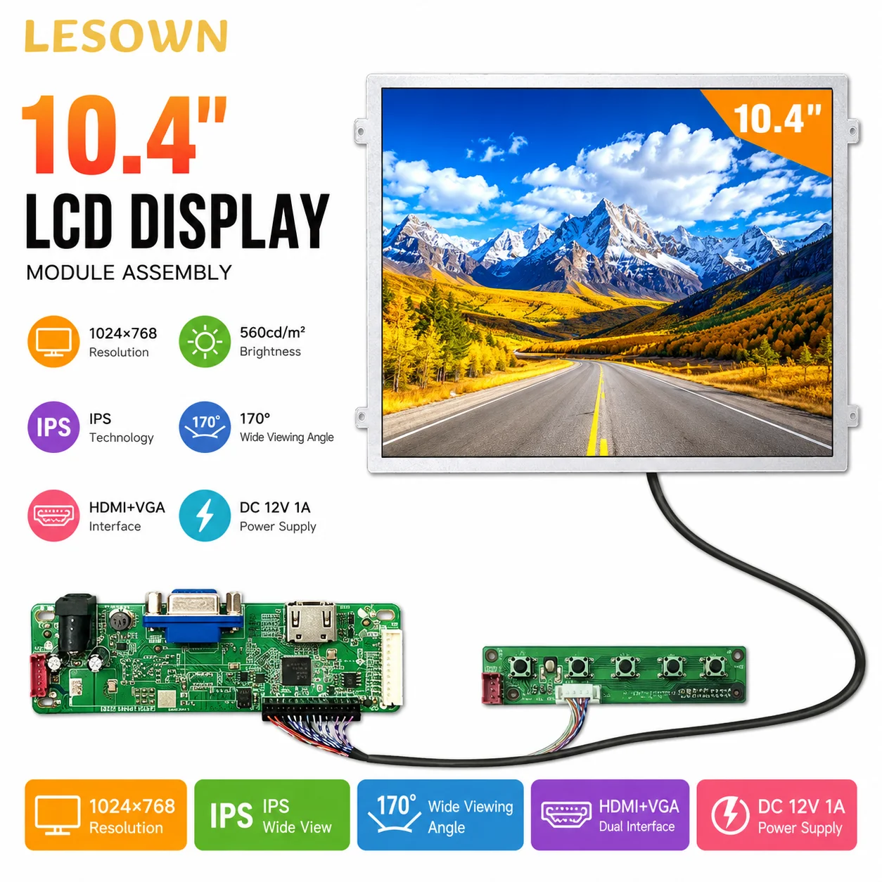 LESOWN 10.4" Industrial Grade Display Plug & Play 1024x768 Full View Panel with HDMI & VGA Inputs