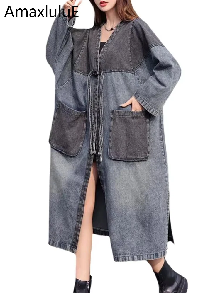 

Amax luluE Fall Korean Luxury Long Clothes Women Fashion Classic Vintage Plus Size Denim Trench Coats Ladies Casual Windbreakers