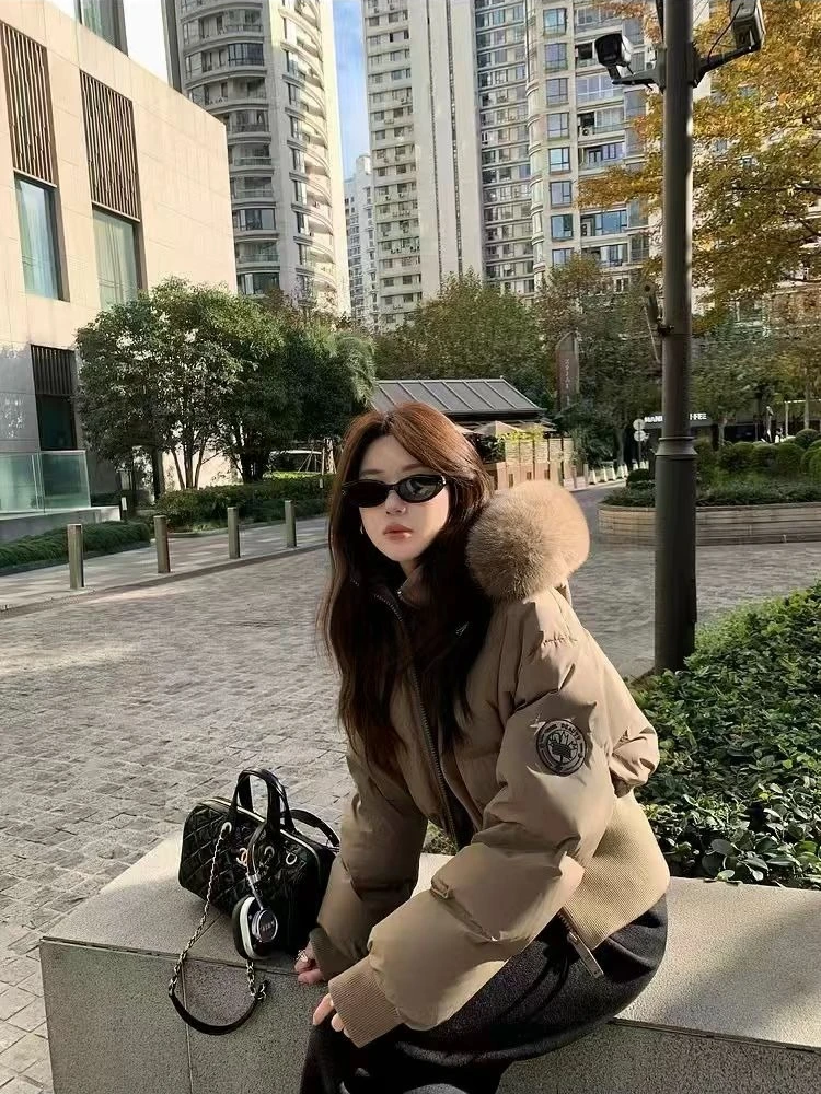 Women Short Winter Genuine Fur Coat Fur Trim Belted Side Pockets Hook Closure Relaxed Outerwear for Cold Weather Street Style
