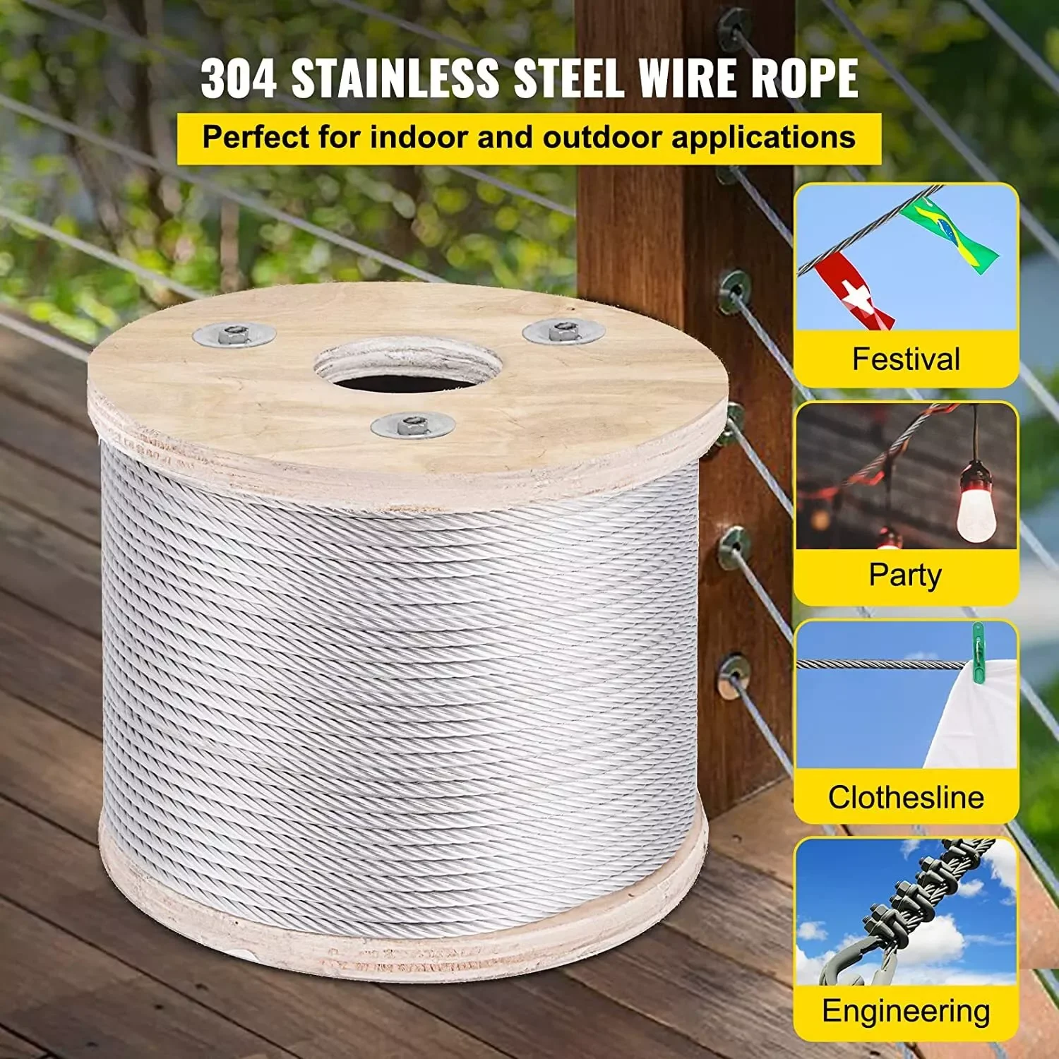 150M 500Ft Wire Rope 304 Stainless Steel Strong Tension Soft Cable Construction Clothesline Cable Railing for Marine Application