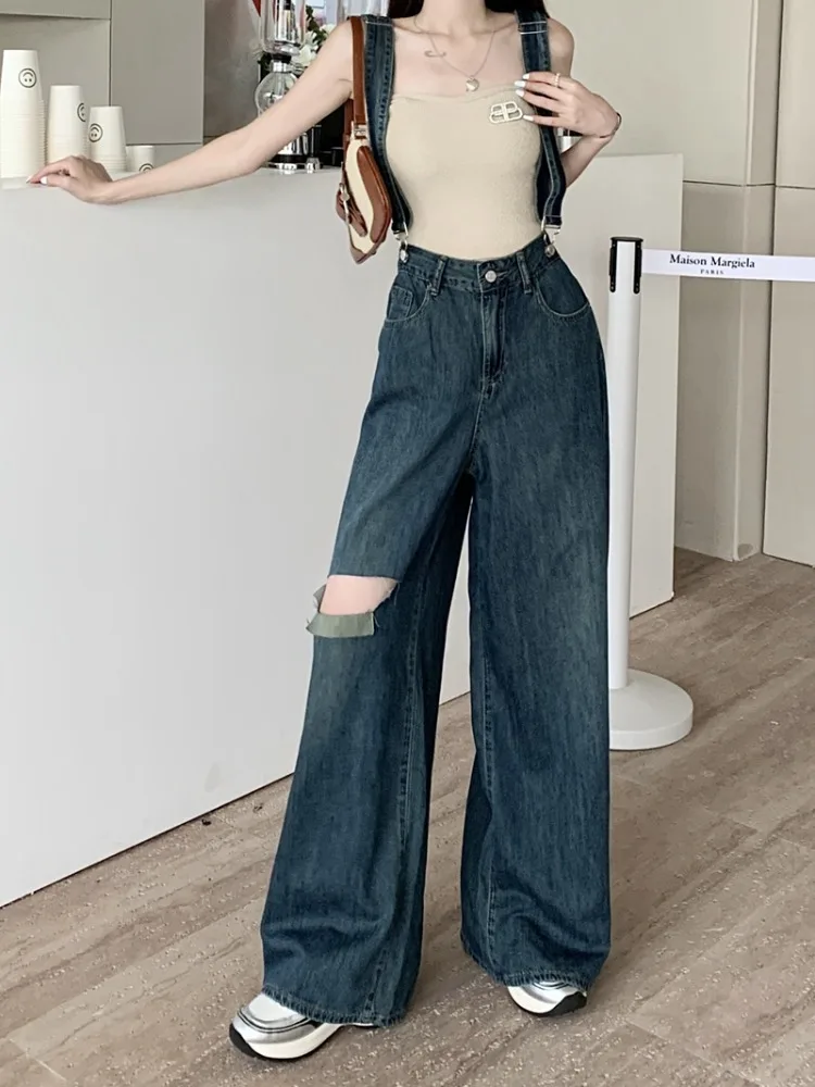 

New Fashion Hole Baggy Jeans Women Clothes Ladies Streetwear Blue High Waisted Wide Legs Pocket Denim Strap Pants