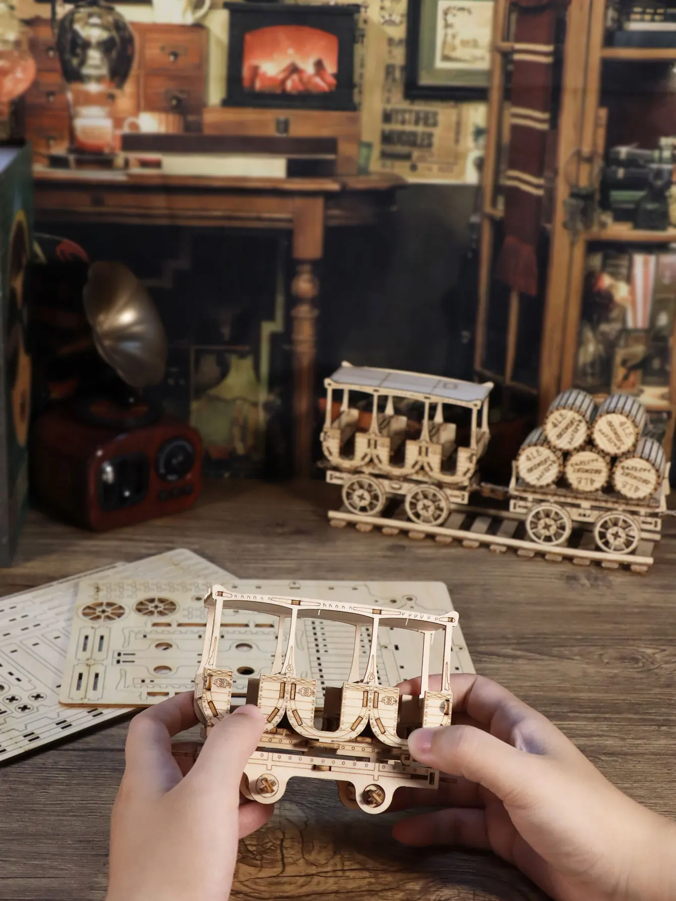 3D Wooden Wine Cart Puzzle Assembly Kit Patience Game Home Decor Model Holiday Gift