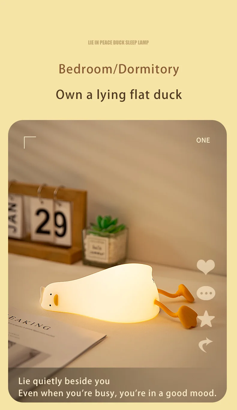 Duck Rechargeable LED Night Light Pat Silicone Lamp Bedside Cartoon Cute Children Nightlights for Home Room Decor Birthday Gift