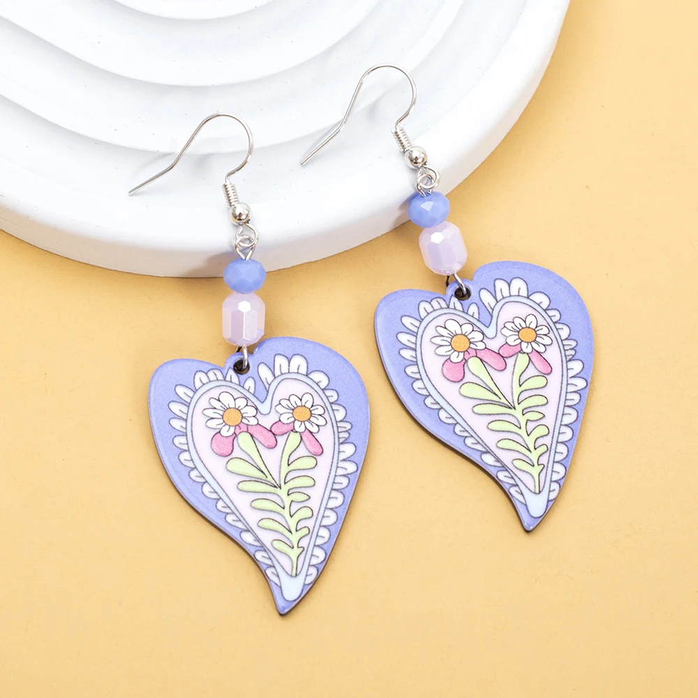 New Fashion Blue Acrylic Flower Relievo Printing Heart Earrings For Women Vintage Style Cute Valentine\'s Day Gift Girls Jewelry