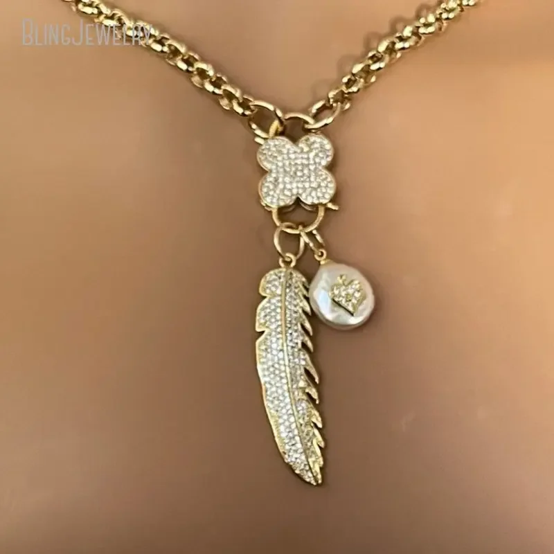 10pcs Gold Color Chain Clover Padlock Pearl Freshwater CZ Feather Charm Necklace Women Jewelry Collares Custom Chokers Collar