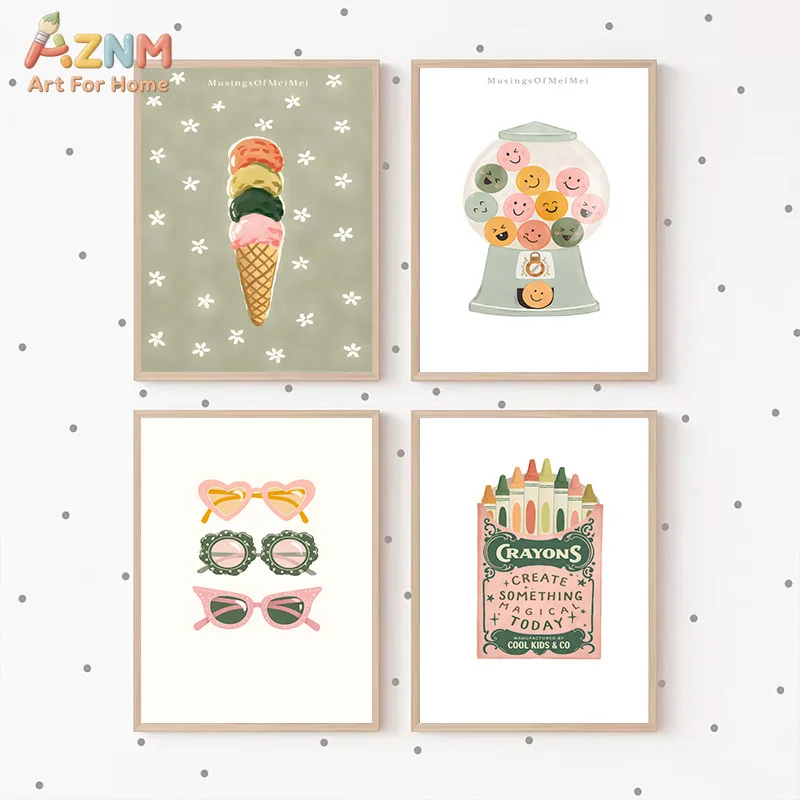 AZNM Retro Ice Cream Gumball Sunglasses Crayons Wall Art Canvas Print, Cute Boho Nursery Poster Frameless Wall Decor for Kids Ro