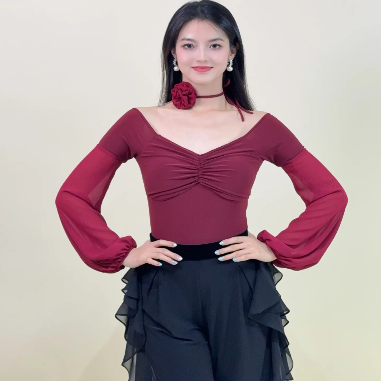 Adulto sexy fora do ombro superior roupas de dança moderna para mulheres valsa chacha rumba tango trajes de dança de salão latino usar dn22295