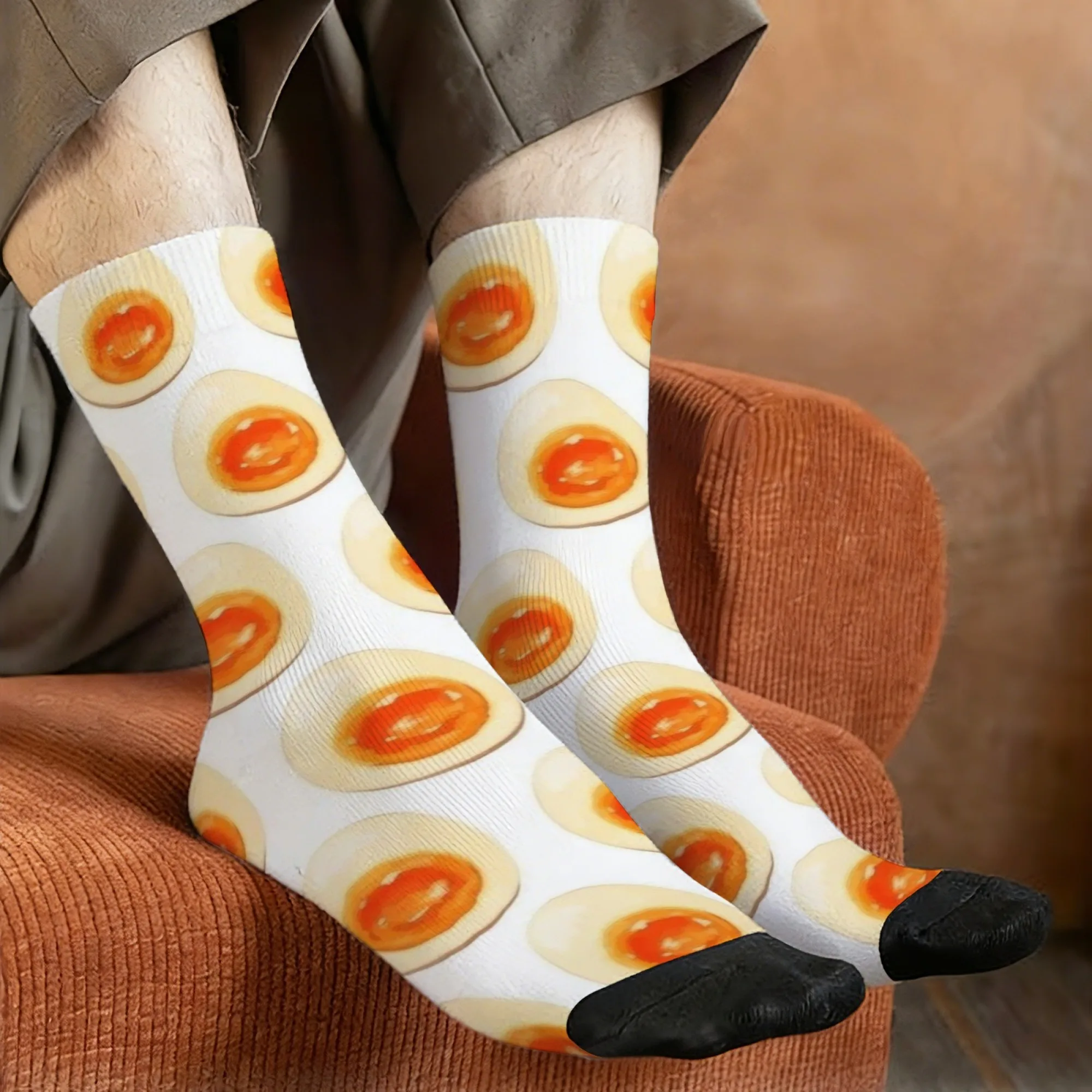Harajuku Retro Soft-Boiled Egg Print Men's Socks - Novel Street Style, Fun Food Theme, Casual Socks, Party and Holiday Gift