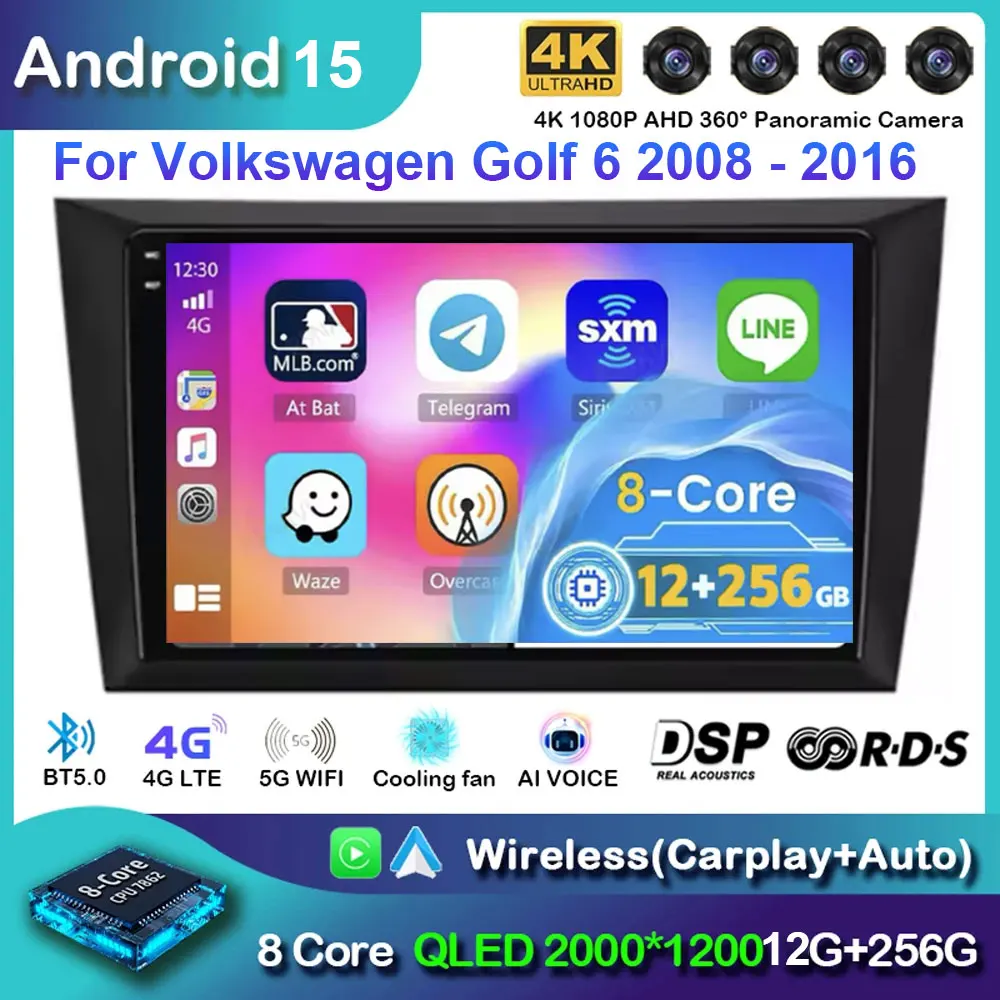 Android 15 Car Radio For Volkswagen VW Golf 6 MK6 GTI 2008 - 2012 Wireless Carplay Android Auto Car Stereo Multimedia Player