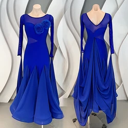 Female Ballroom Dance Competition Dress Blue Long Sleeve Standard Dance Stage Costume Tango Waltz Performance Clothes YS4809