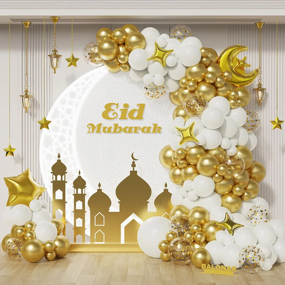 128pcs Klein Blue White Gold EID Mubarak Balloon Garland Arch Kit Islam Ramadan Moon Star Foil Balloon Birthday Party Decoration