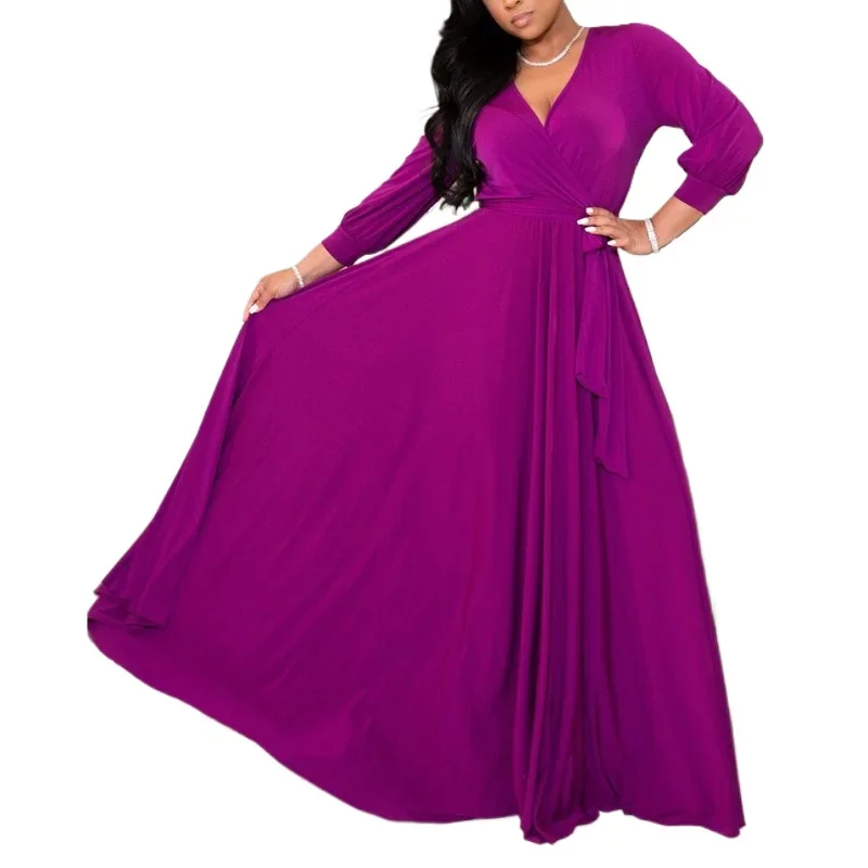 

Customized Women Elegant Dress Large Big Size 4XL 5XL High Waist Full Sleeve V Neck A Line Floor Length Evening Night Party Long