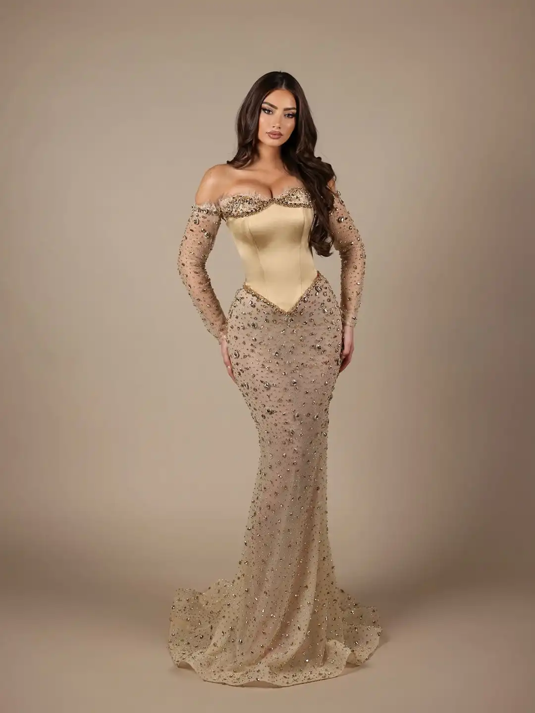 Luxury Gold Fashion Mermaid Off Shoulder Beaded Lace Crystal Satin Mesh Floor Length Slim Fitting Evening Prom Party Dress