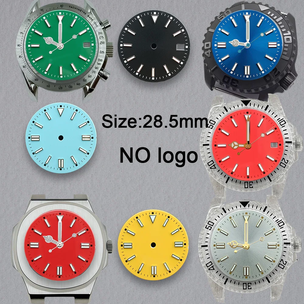 New 28.5mm No Logo Blank Dial For NH35 Movement Green Luminous Custom Logo Watch Dials Hands Accessories Repair Tools