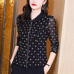 Women's Clothing Office Lady Simplicity Turn-down Collar Long Sleeve Printing Zipper Spring Summer Thin Fashion Loose Blouses