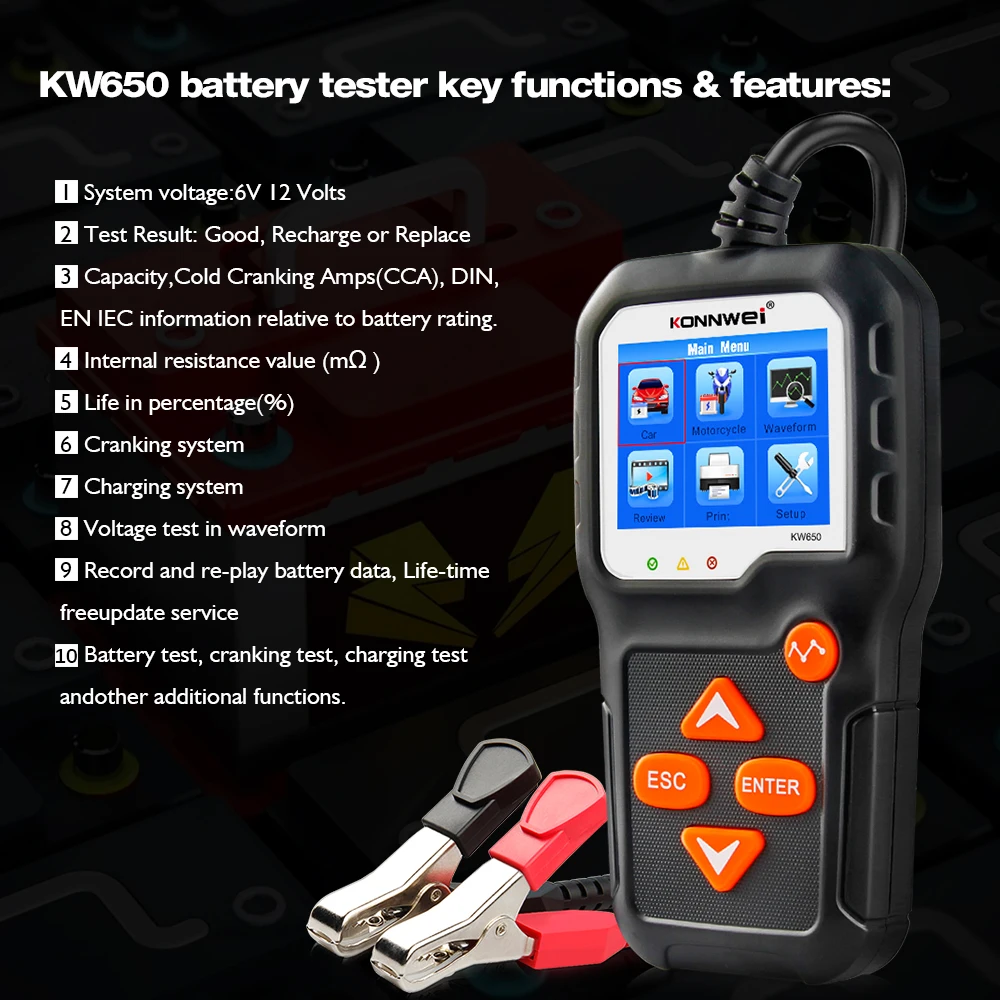 KONNWEI KW650 Car Motorcycle Battery Tester 6V 12V Auto Battery Analyzer 100 to 2000 CCA Car Moto Cranking Charging Test Tool