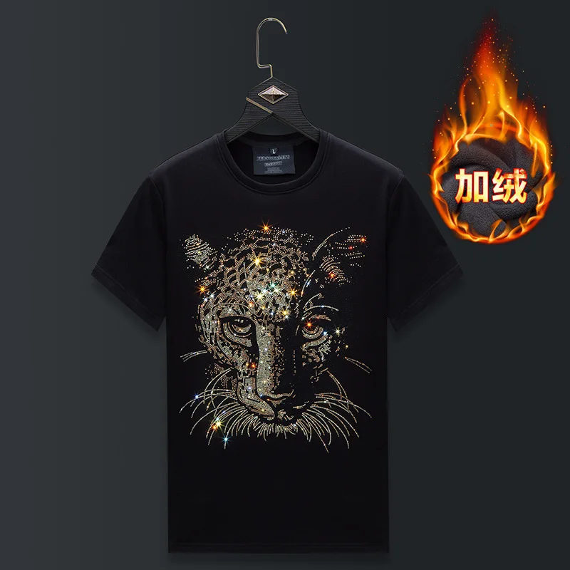 Plus Size Rhinestones Leopard T Shirts Men Winter Clothing Fashion Streetwear Short Sleeve O Neck Thick Velvet Heat Tshirts