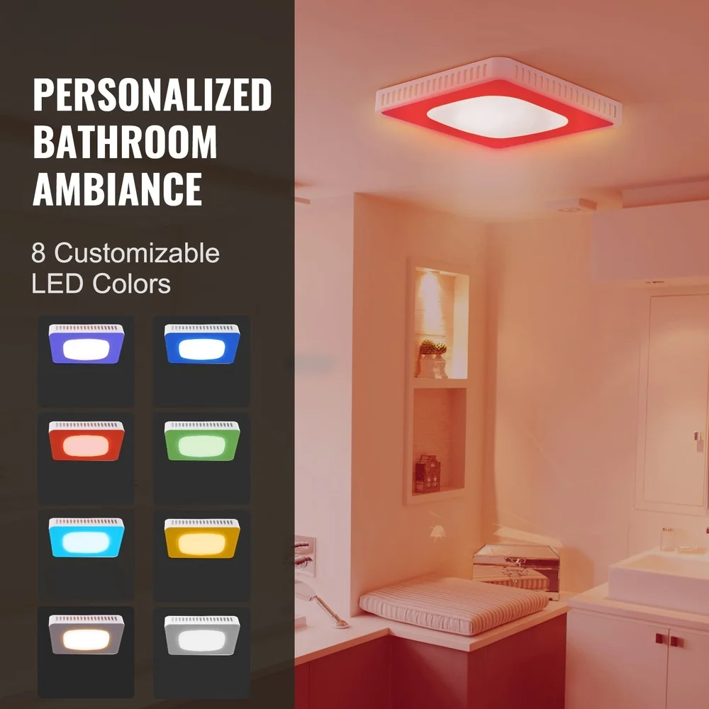 مروحة عادم الحمام الهدوء مع 8 ألوان LED 110 CFM مستشعر الرطوبة مؤقت مقاوم للرطوبة تصميم متين سهل