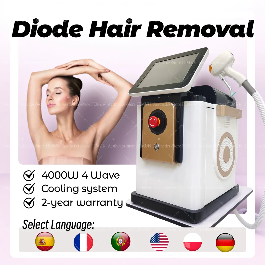 

2025 Professional 4 Waves Portable Diode Ice Titanium Laser Body Hair Removal Machine 808nm Alexandrite Device Permanent 4000w