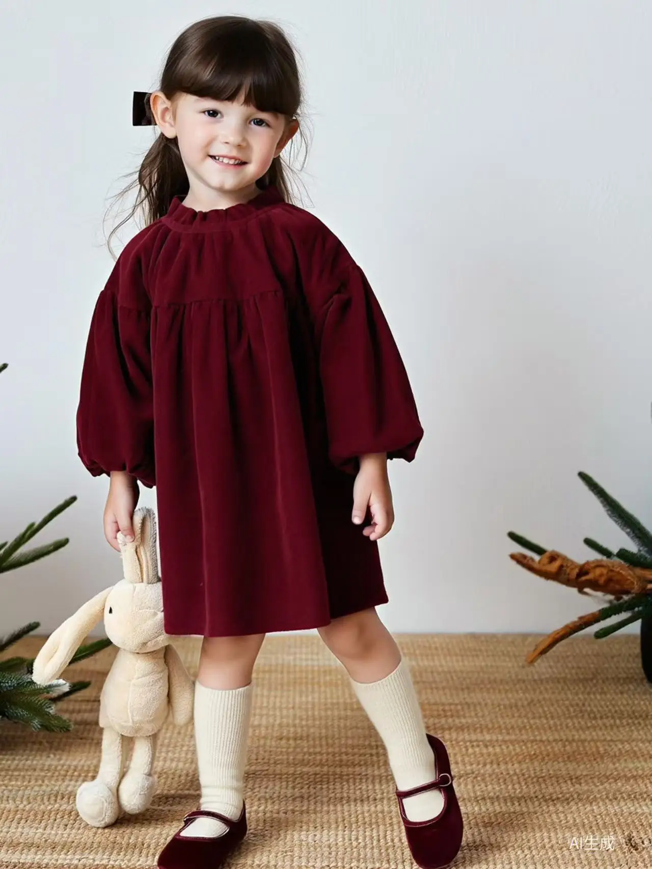 

2026 Autumn And Winter Fleece-Lined Corduroy Lace-Trimmed Collar Dress Girls' Party Attire Charming burgundy Long-Sleeved Dress