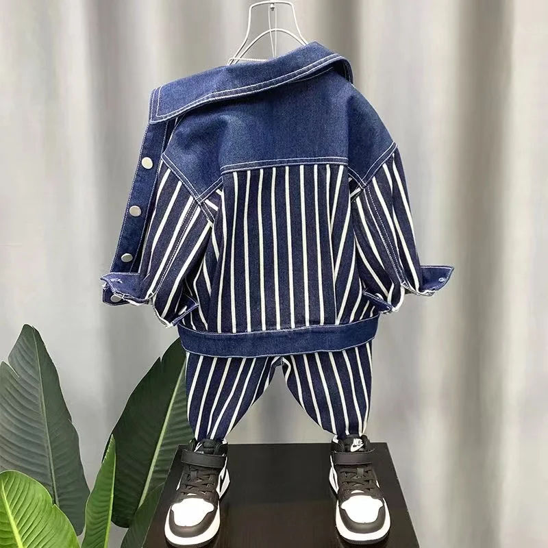 2PCS Denim Outfits Personality Striped Jacket+Sport Trousers for Baby Boys Clothing High Quality Spring Autumn New 2023 Kids Set