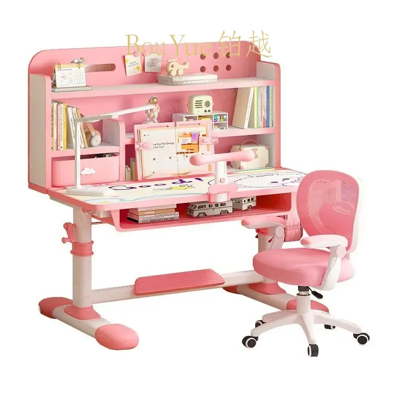 Ergonomic Kids Study Desk with Bookshelf Adjustable Height Writing Table Rotating Chair Set for Children Learning Space