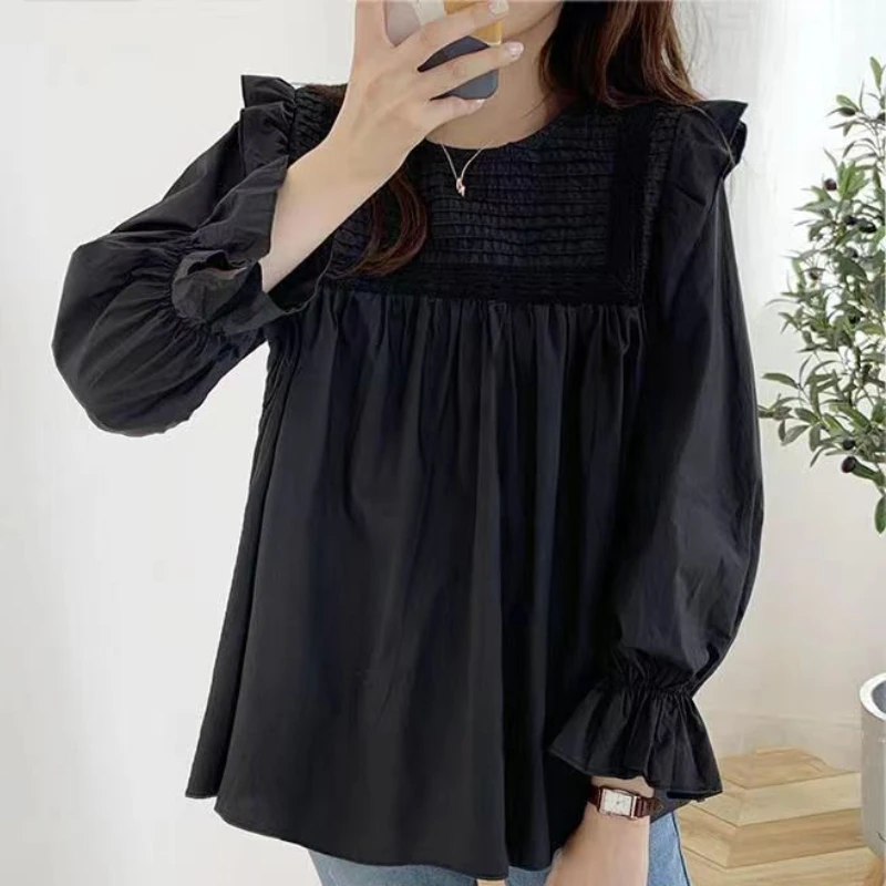 Blouses Women Leisure Elegant Solid All-match Fashion Pleated Korean Style Simple Streetwear O-Neck Sweet Spring Design Daily