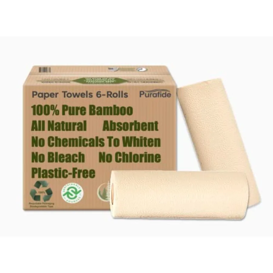 

100% Bamboo Paper Towels Tree-Free Chemical-Free Lint-Free Durable Absorbent Select-a-Size 2-Ply 90 Sheets Per Roll. PT 6 Rolls